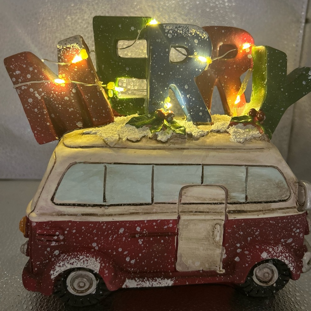Truck Christmas Decor Red Station Wagon Car Tree Lights Wreath Vintage Looking
